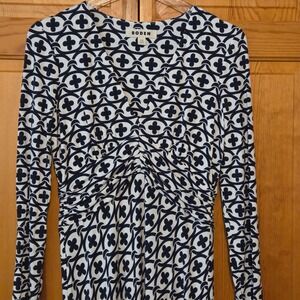 Boden Women's Long Sleeve Ruched Print Maxi Dress UK 8 US 4 Navy White Jersey